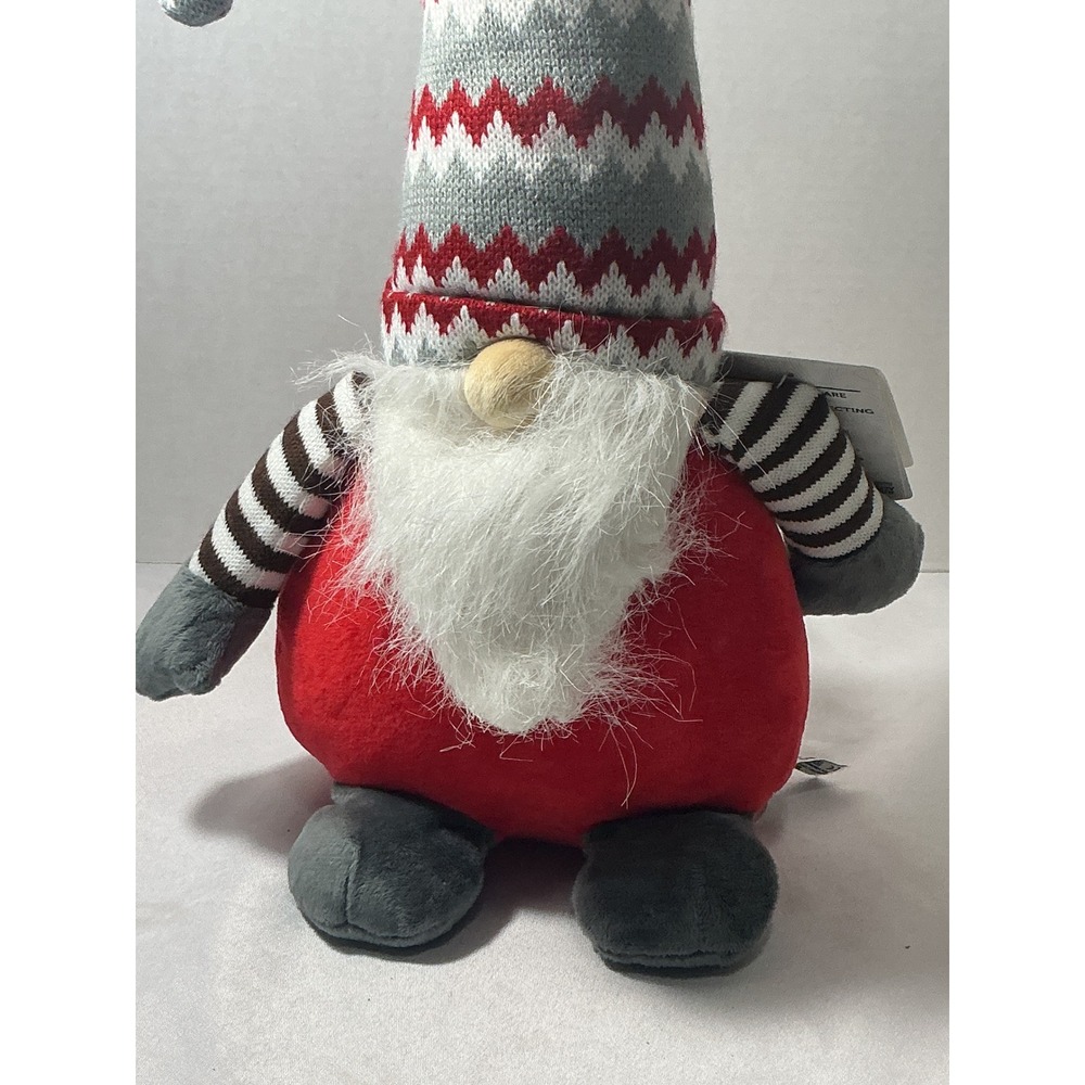 The Bear Factory Recycled Fabric Holiday Gnome Plush Red Grey Chevron Hat 16in